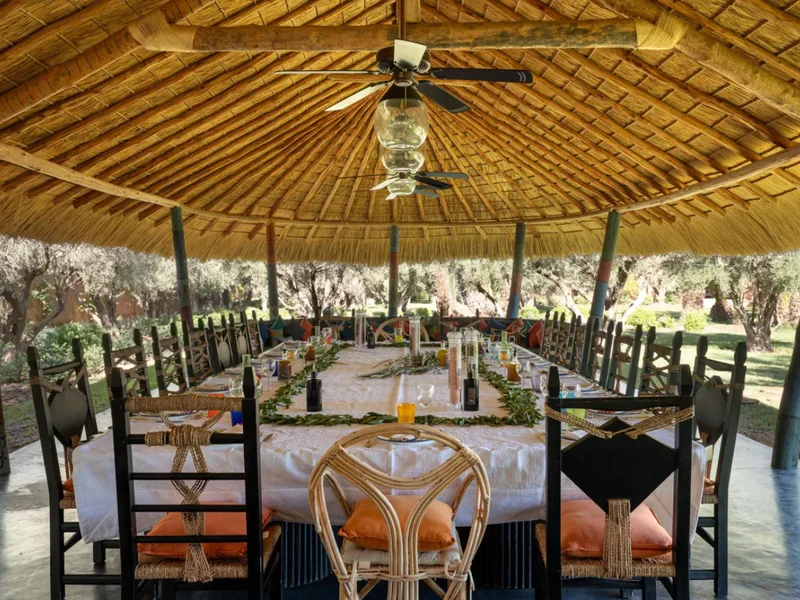 A long dining table set for a group under a thatched pavilion among olive trees at Villa Kemgia near Marrakech