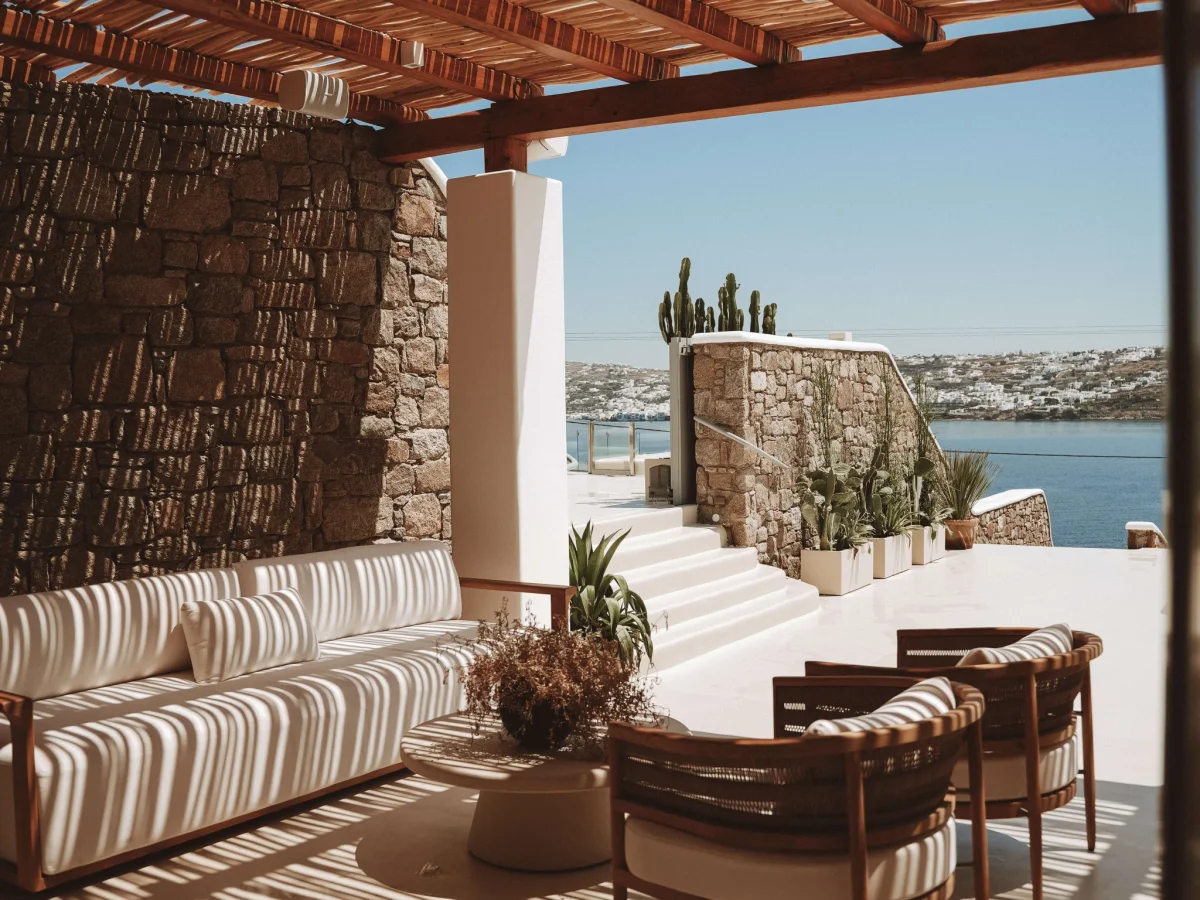 Modern living area with Aegean views at Villa Lavan, Mykonos