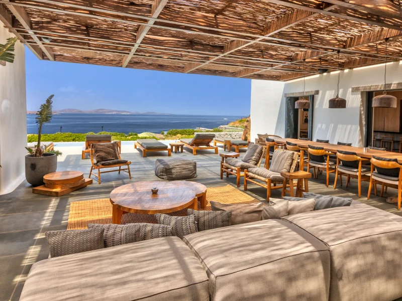 Panoramic Aegean view from a Mykonos hillside terrace