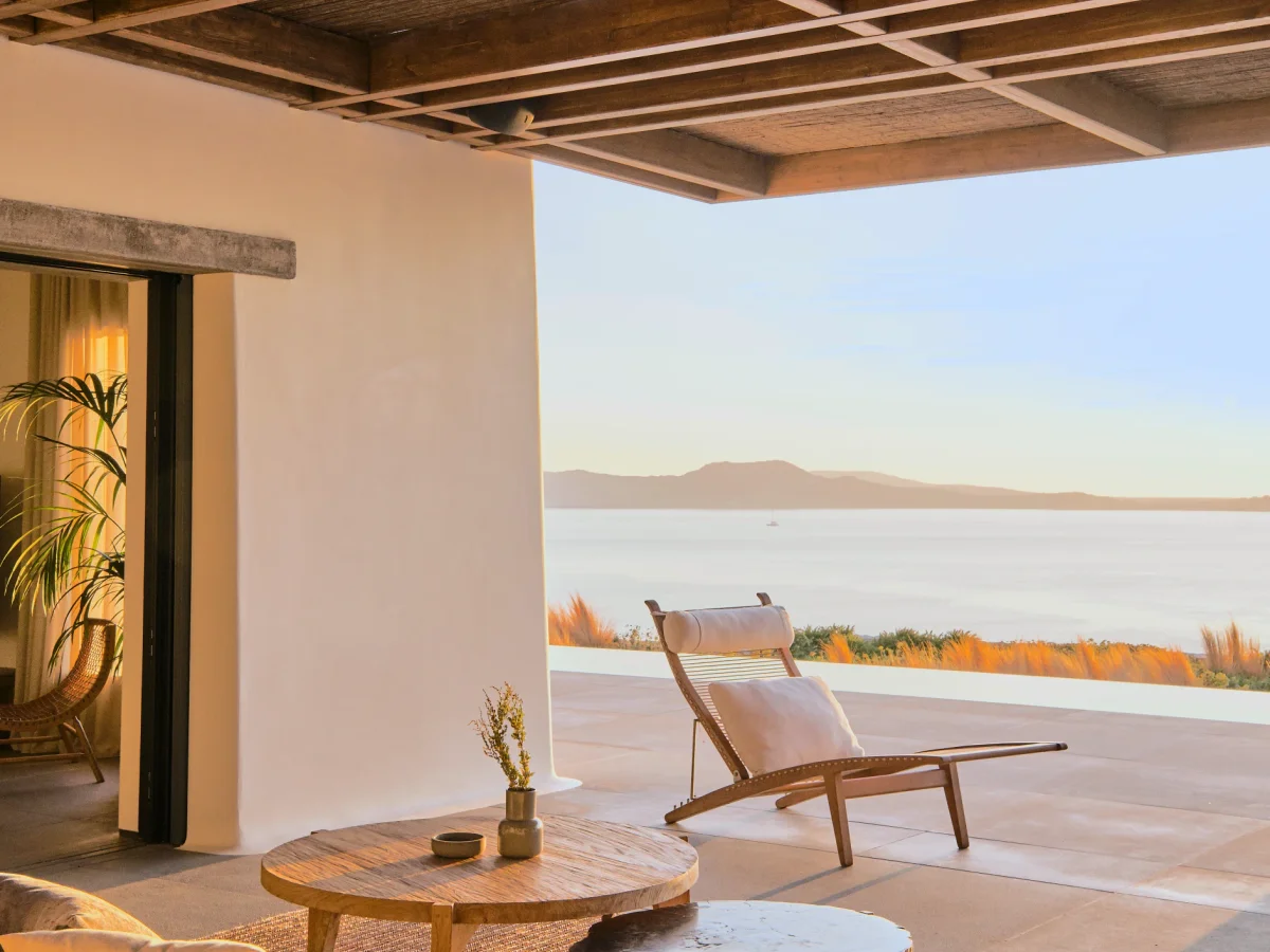 Terrace with sunset views over the Aegean at Villa Mandra, Mykonos