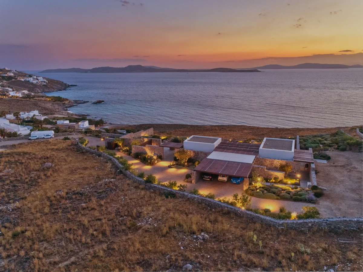 Pool deck and outdoor lounge at Villa Mandra, Mykonos