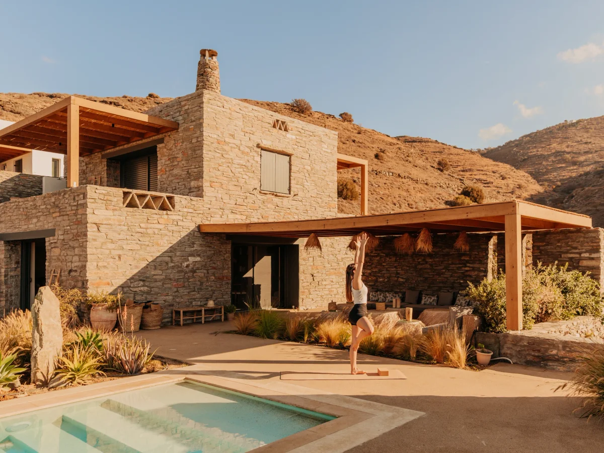 Stone Cycladic villa with pool and shaded pergola terrace on Kea
