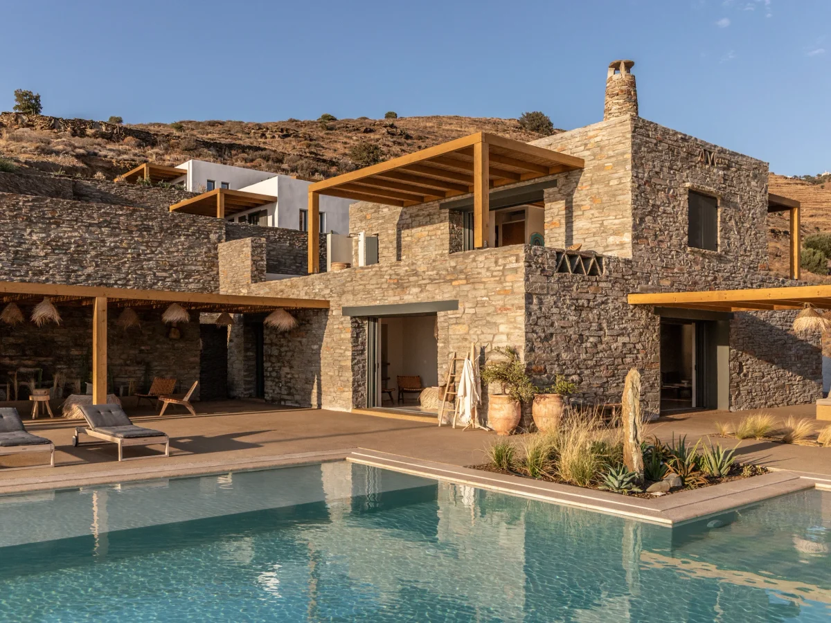 Stone terrace and sea views at Villa Naos, Kea