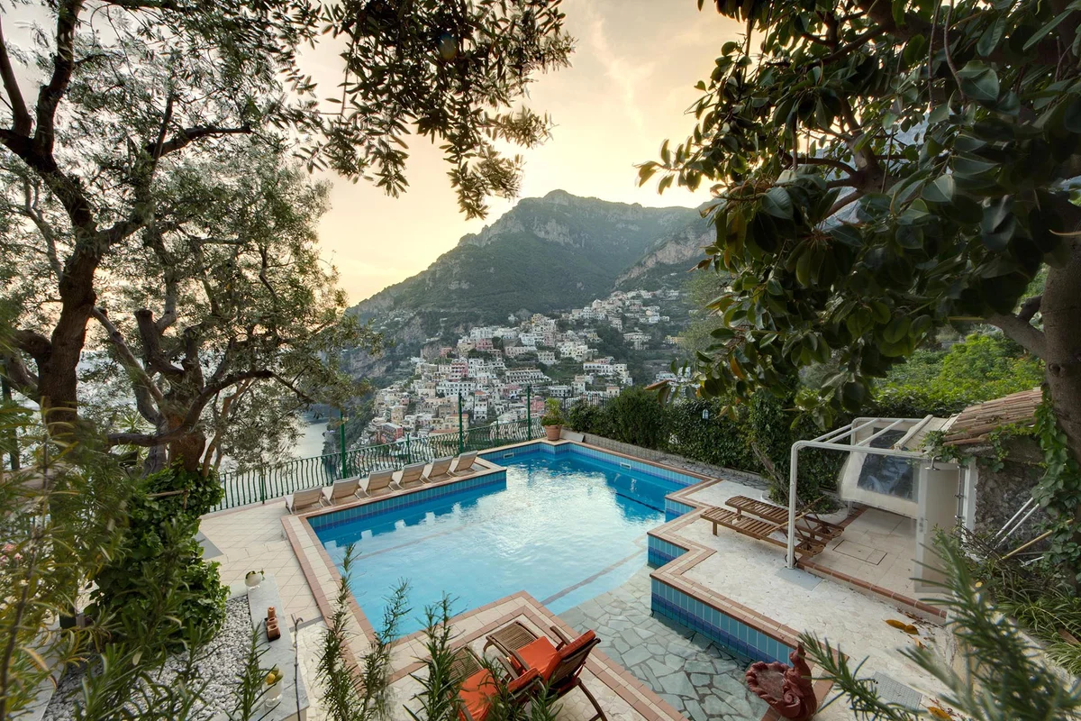 Positano cliffs and coast at sunset