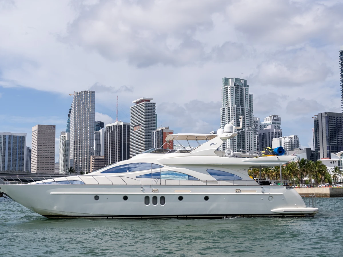 Luxury Azimut 84 yacht on Biscayne Bay at golden hour