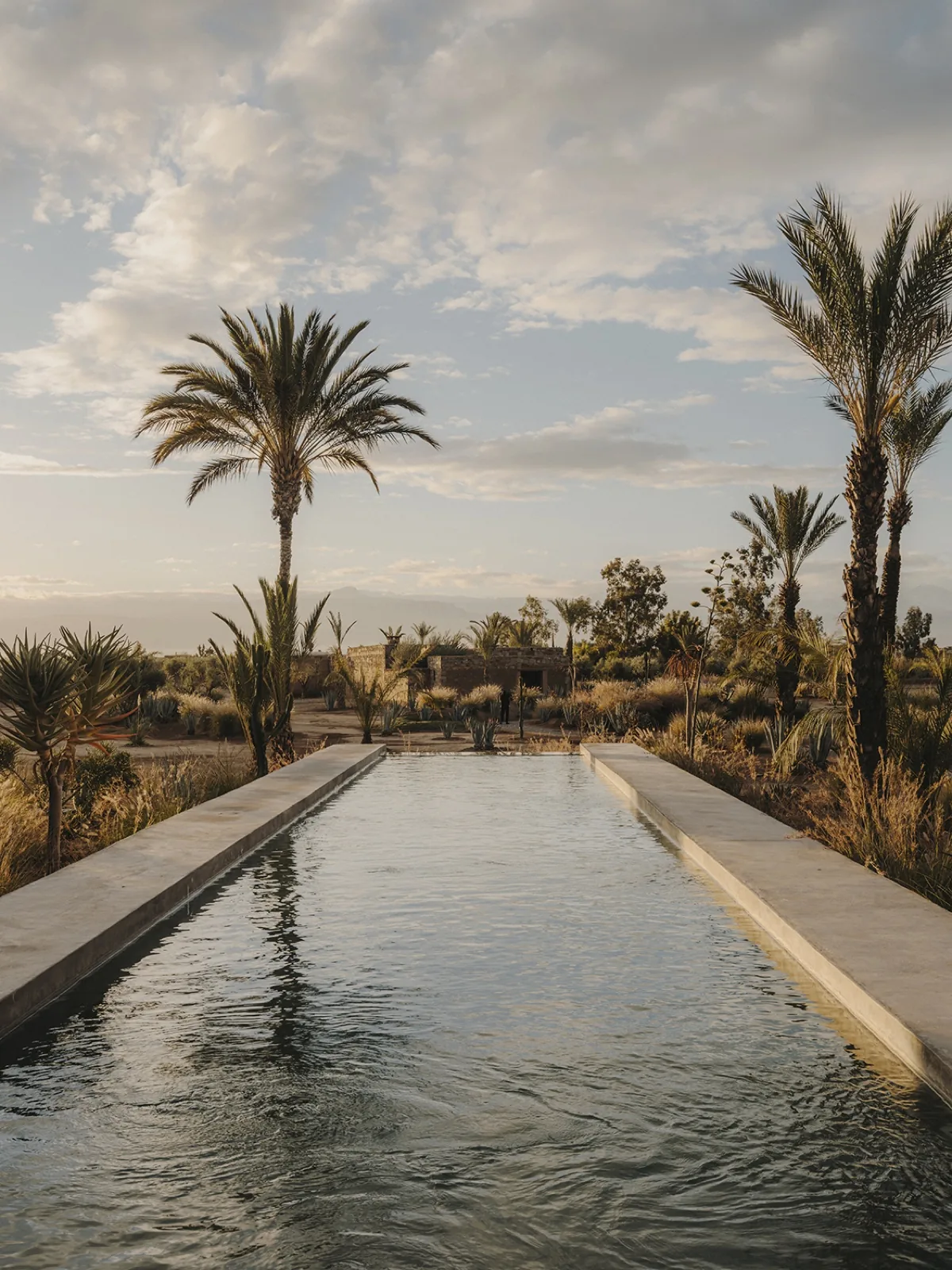 The infinity pool at Dar Tafza looking south toward the Atlas Mountains outside Marrakech